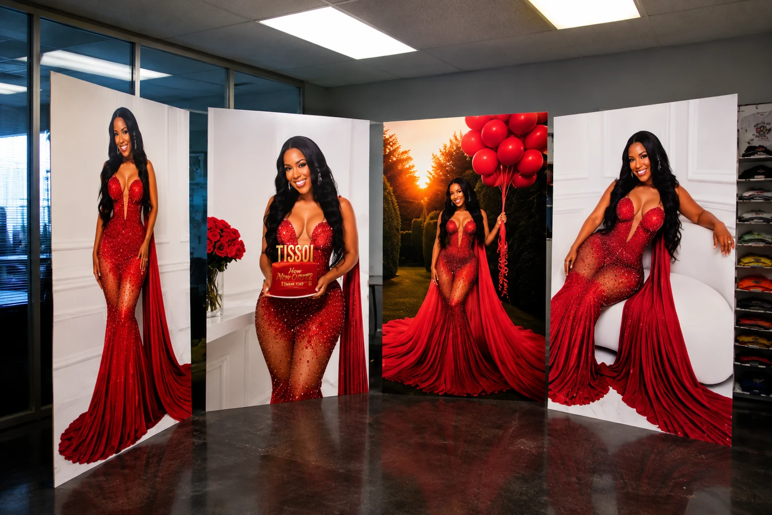 Large-format printed red-dress display panels on show inside the Fontz Graphics Designs showroom in Forest Park, GA
