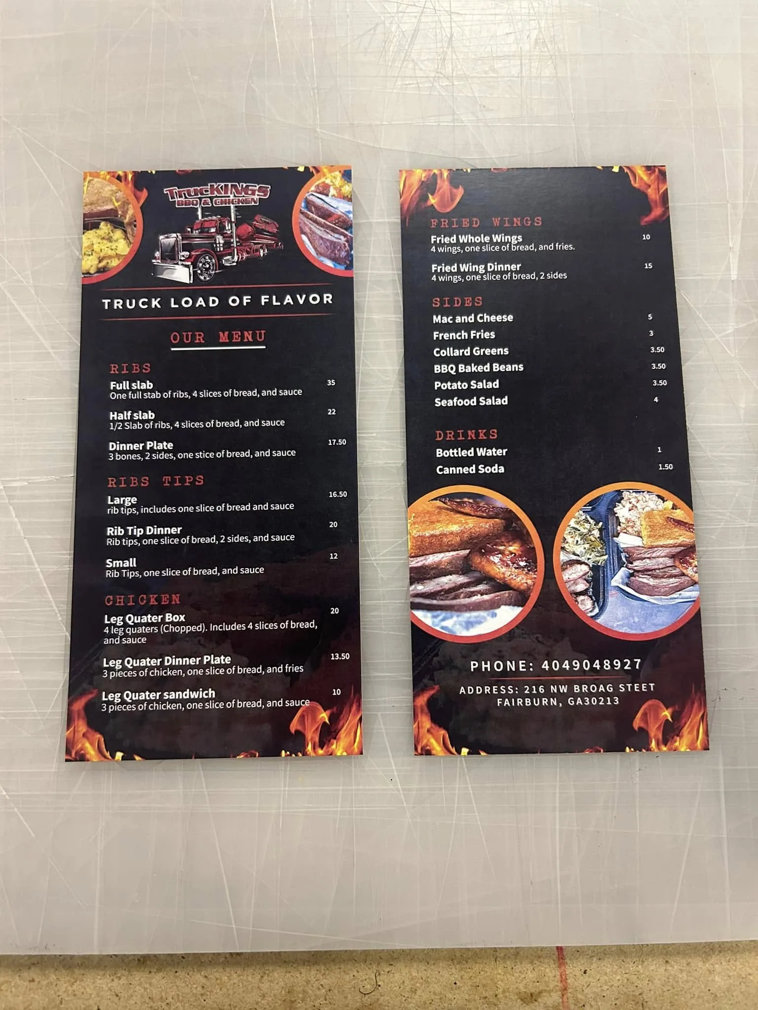 Close-up of a printed restaurant menu produced by Fontz Graphics Designs