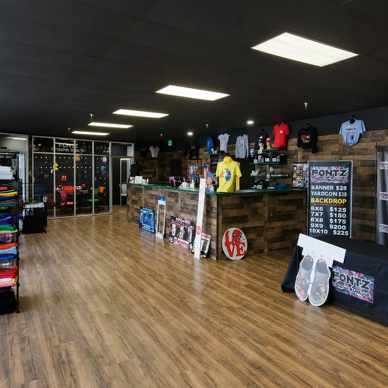 Custom backdrops and banners on display in the shop