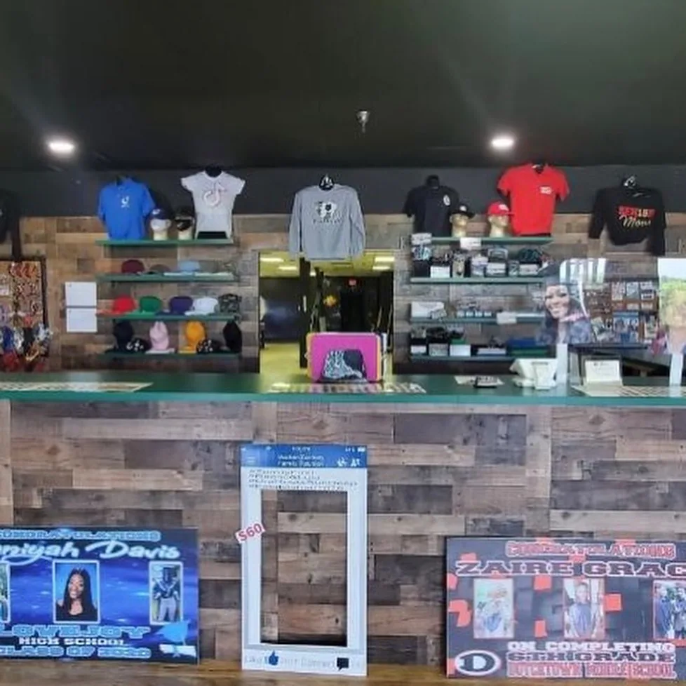 Finished apparel and products on display in the Fontz Graphics Designs showroom